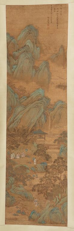 A hanging scroll of figures in a landscape, presumably by a female artist (Yinhu from Tongjin), Qing dynasty 1644-1912.