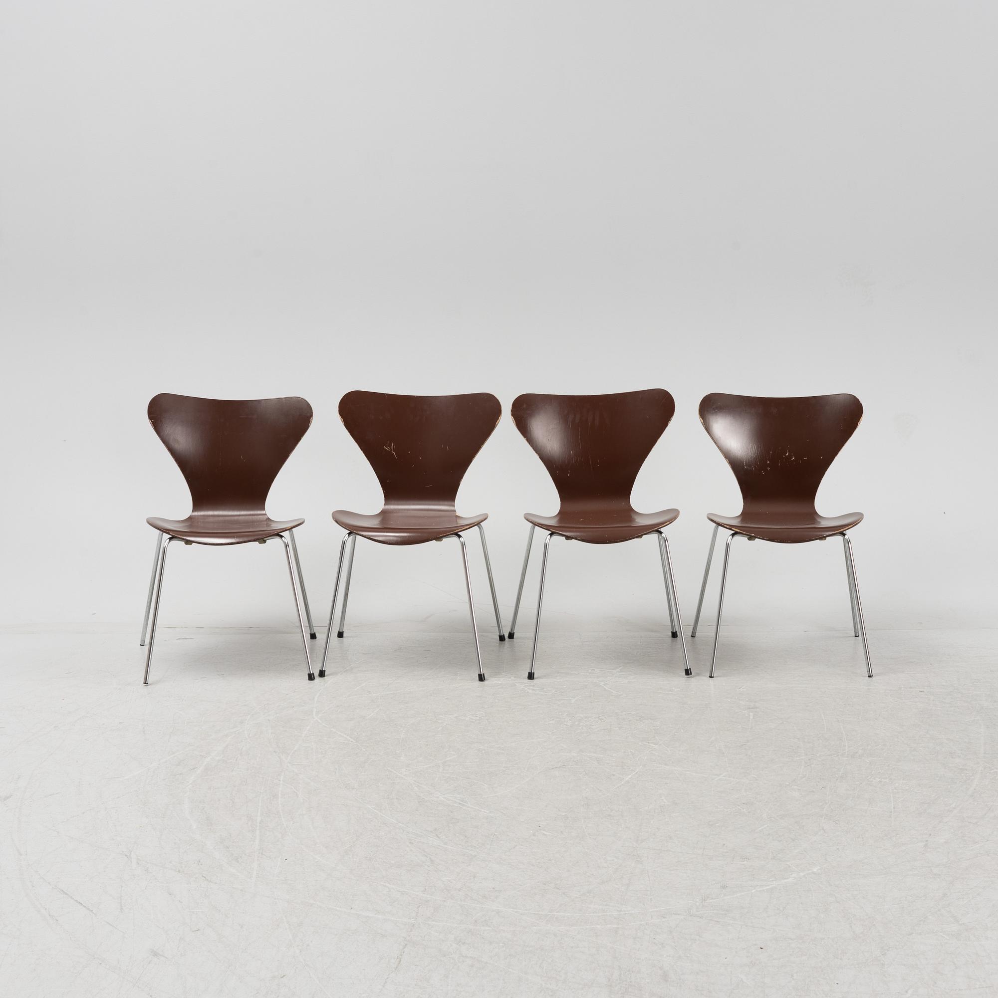 Arne Jacobsen, stolar, 4 st, "Sjuan", Fritz Hansen, Danmark, 1983.