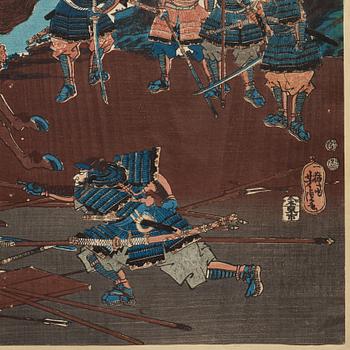 UTAGAWA YOSHITORA, two coloured woodblock prints, triptych, Japan, late 19th century.