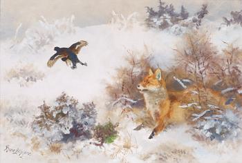 25. Bruno Liljefors, Winter landscape with fox and blackcock.