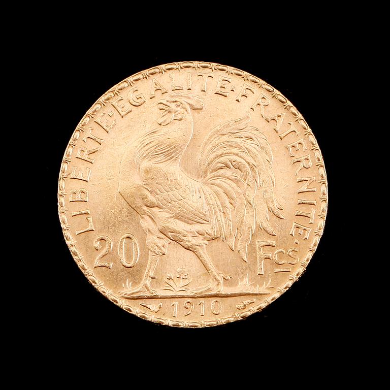 GULDMYNT, 20 franc, Frankrike, 1910. Vikt ca 6 gram.