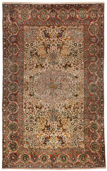 A RUG. A semi-antique silk figural souf (in relief), probably India. 208 x 128,5 cm (as well as two cm flat weave at.