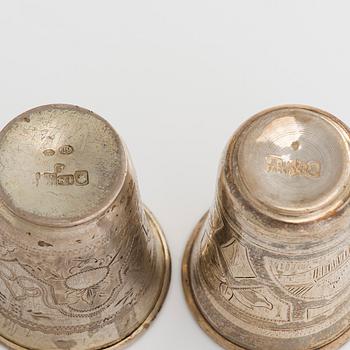 Six silver vodka cups, Moscow 1860-83.