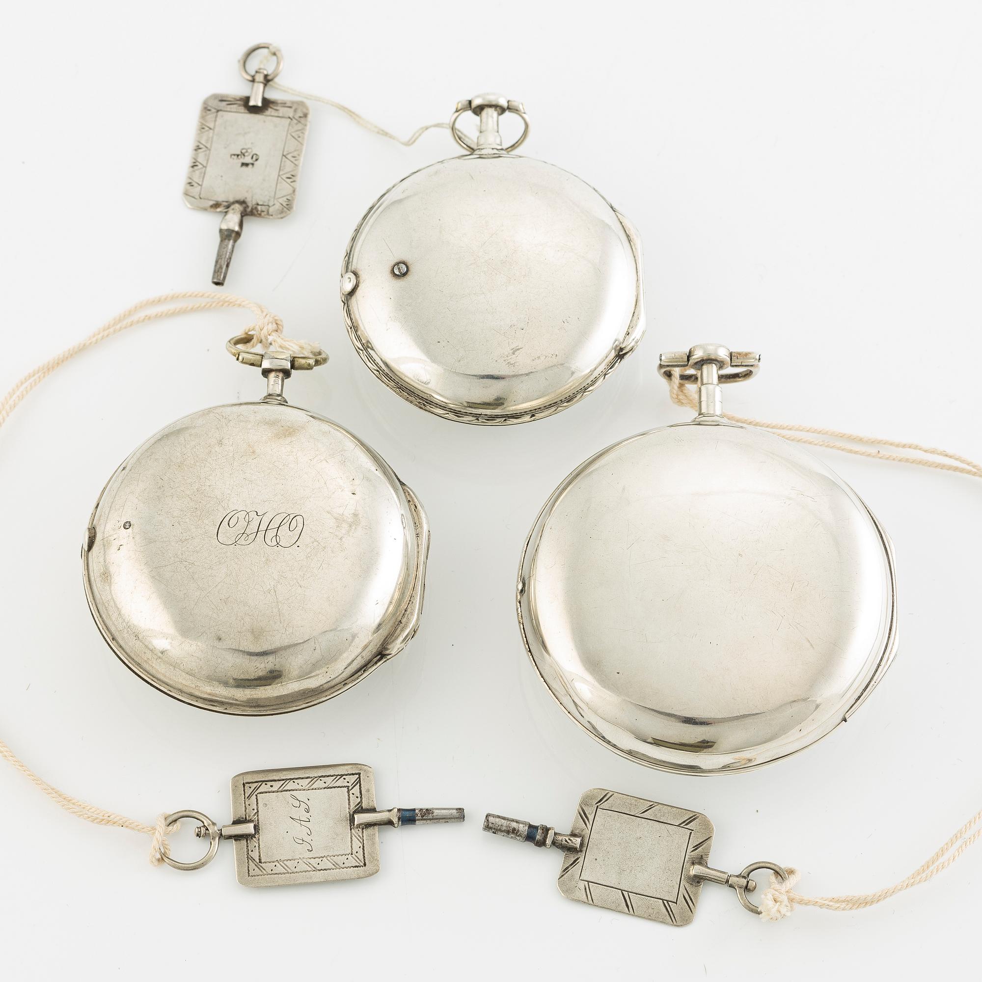 En samling fickur, spindelur, 3 st i silver.