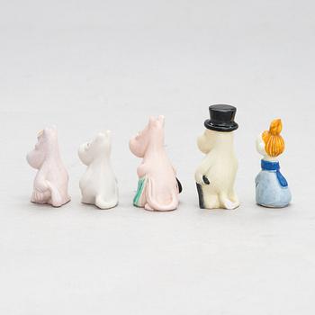 Leo Tykkyläinen, five 1950s ceramic Moomin figurines, Finland.