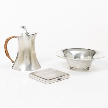 Bowl and cigarette case, silver, with accompanying nickel silver jug.