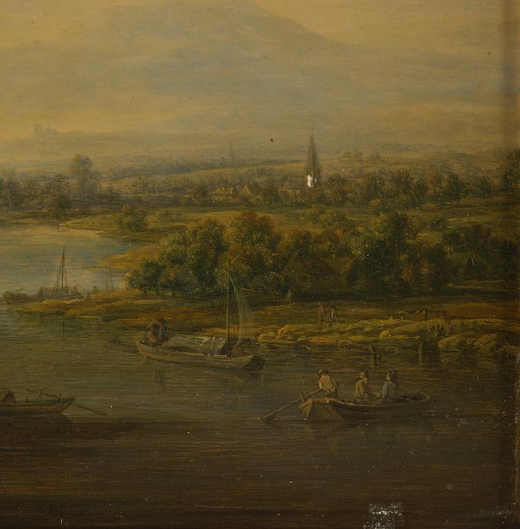 Christian Georg Schütz, Pastorala flodlandskap med figurer och båter, ett par.