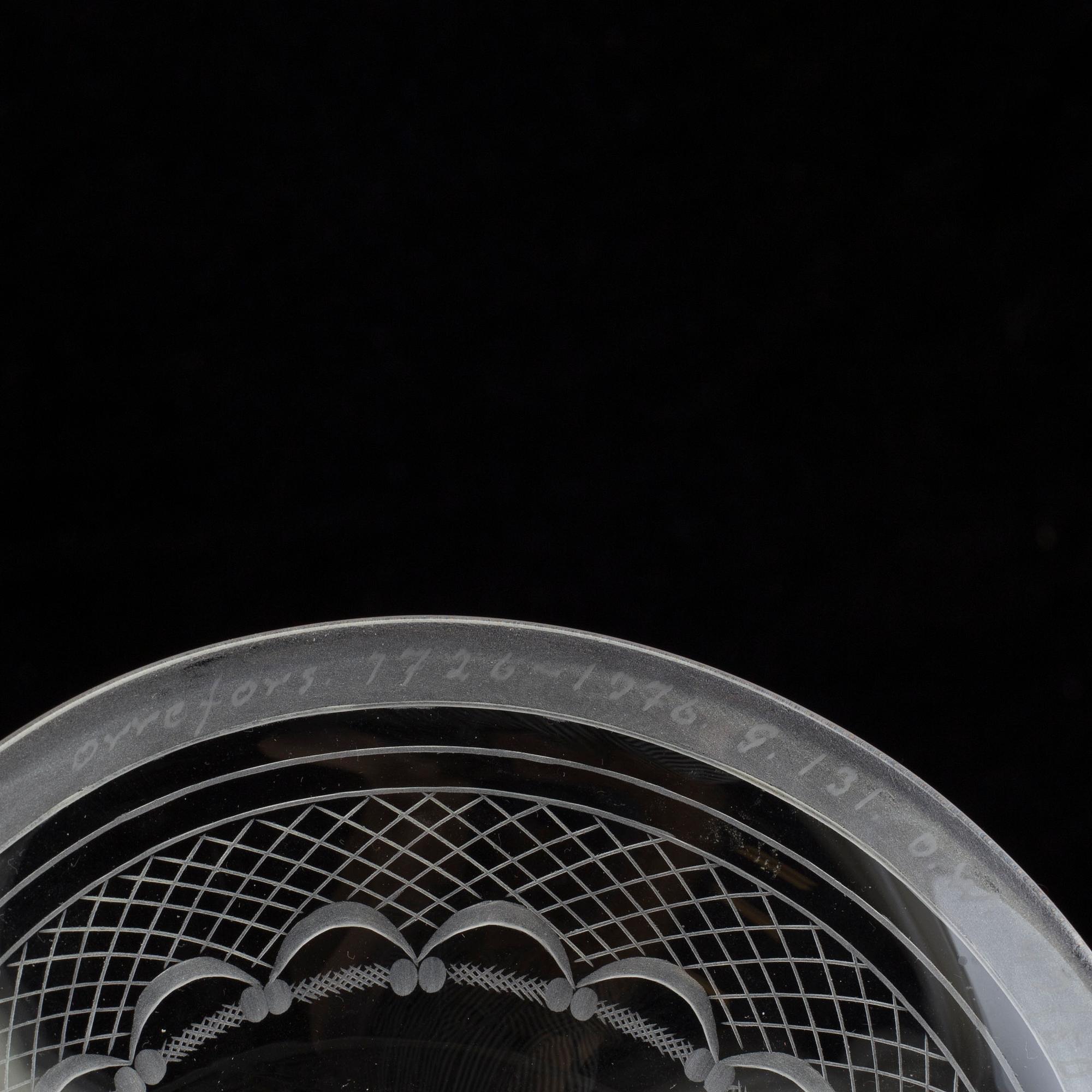 An 'Aurora' jubilee glass cup for Orrefors 1726-1976, designed by Simon Gate in 1919. Numbered 49/500.