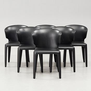 A set of six Hannes Wettstein 'Hola' black leather chairs, model 367, Cassina, Italy.