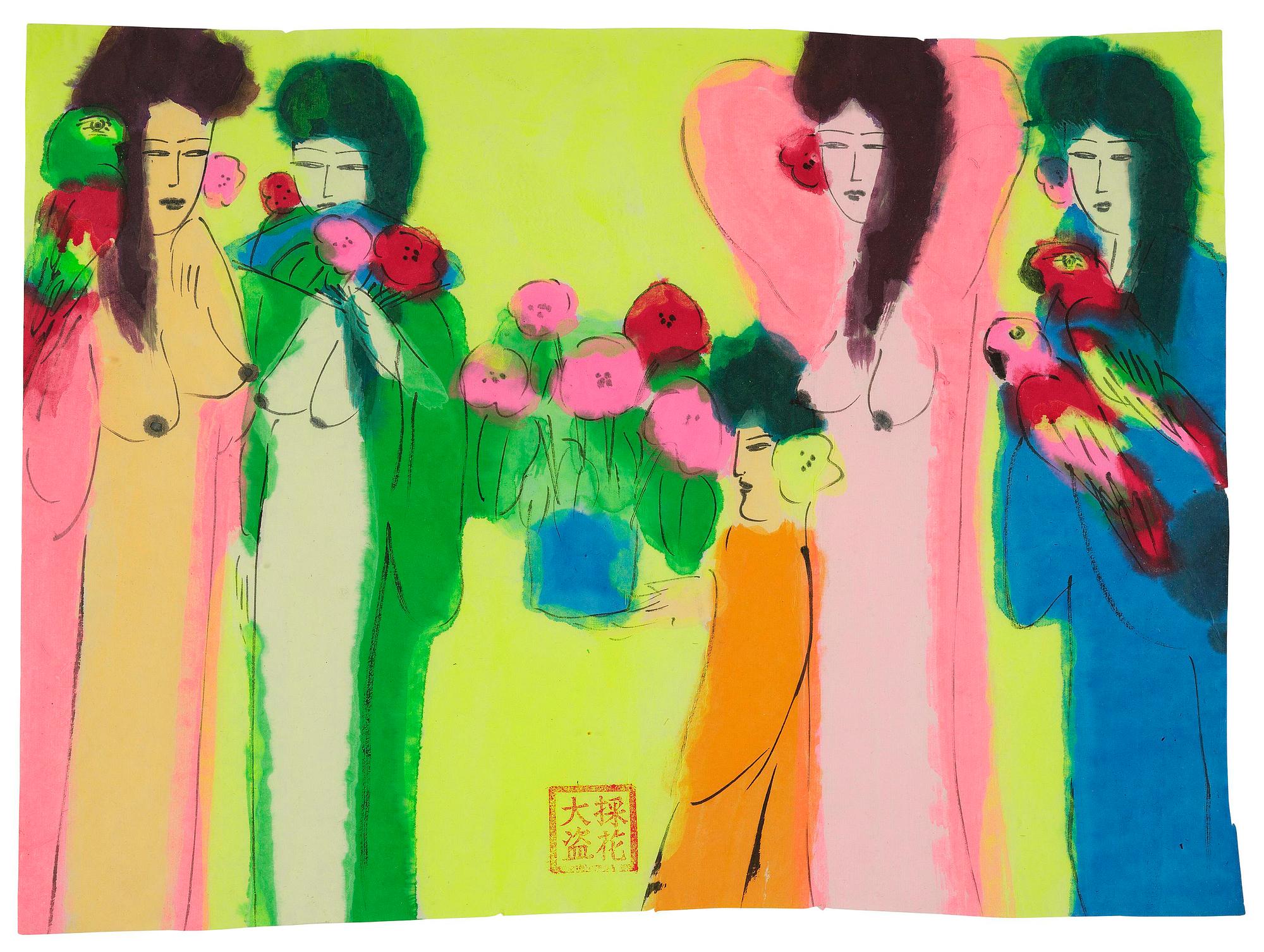 Walasse Ting, Women with Flowers and Birds.