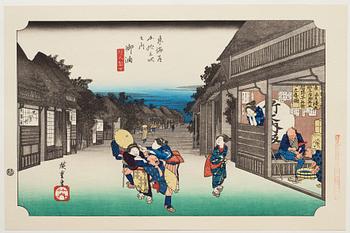 ANDO HIROSHIGE, senare avdrag, mapp, "The fifty-three stations on the tokaido", utgiven av Kata Hanga Kenkyujo.