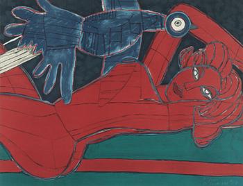 Beverloo Corneille, "Reclining Red Nude with Bird".