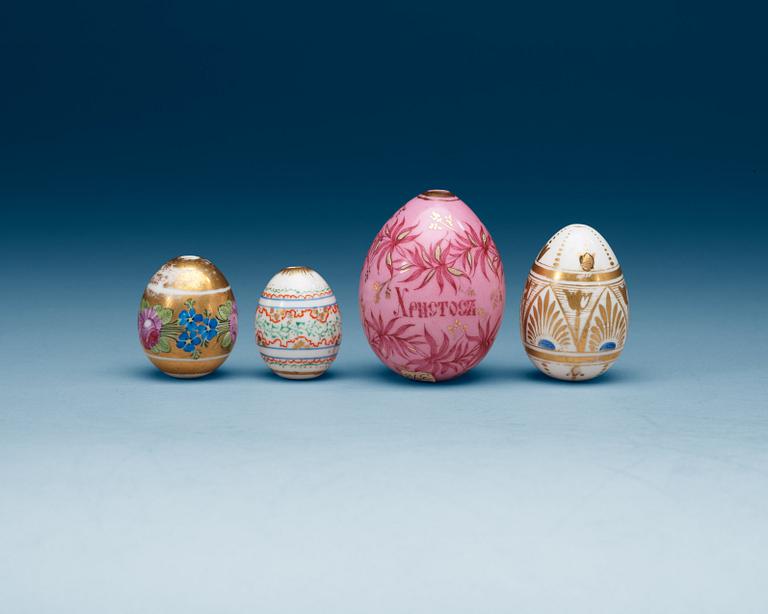 A set of four Russian porcelain eggs, 19th Century.