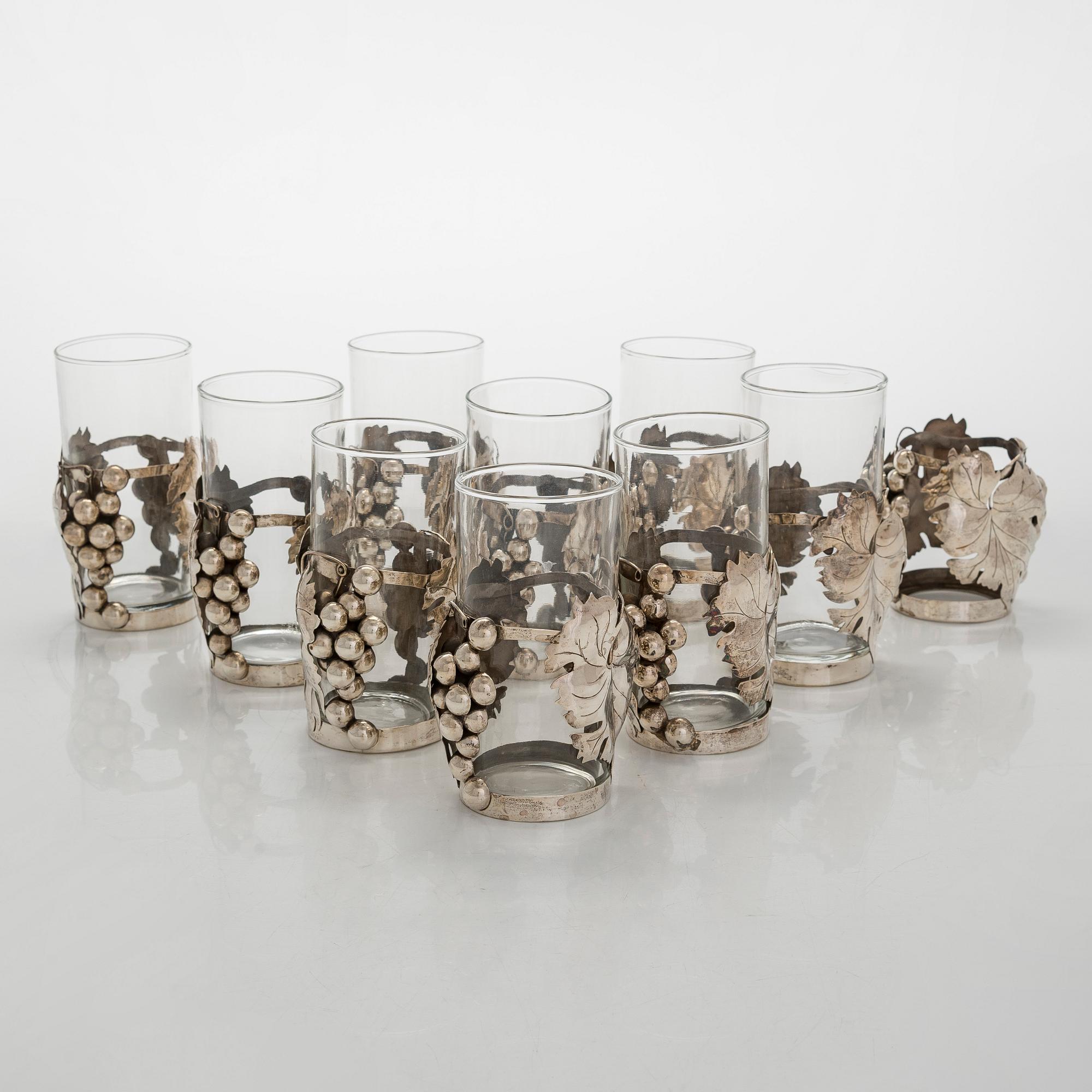Juomalaseja, 8 + 1 kpl, hopeaa ja lasia,  Rancho Alegre Mexico 1900-luvun puoliväli.