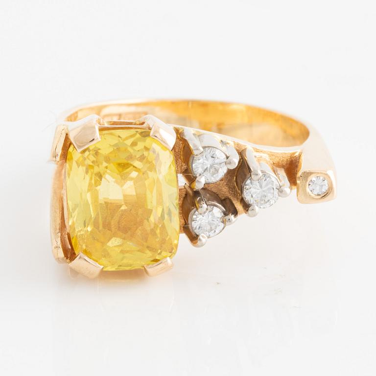 Ring, with cushion-shaped yellow sapphire and brilliant-cut diamonds, by Per G Forslund.