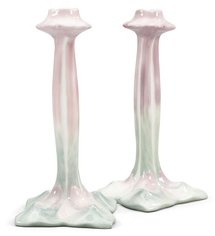 A pair of porcelain art nouveau candlesticks, Rörstrand.