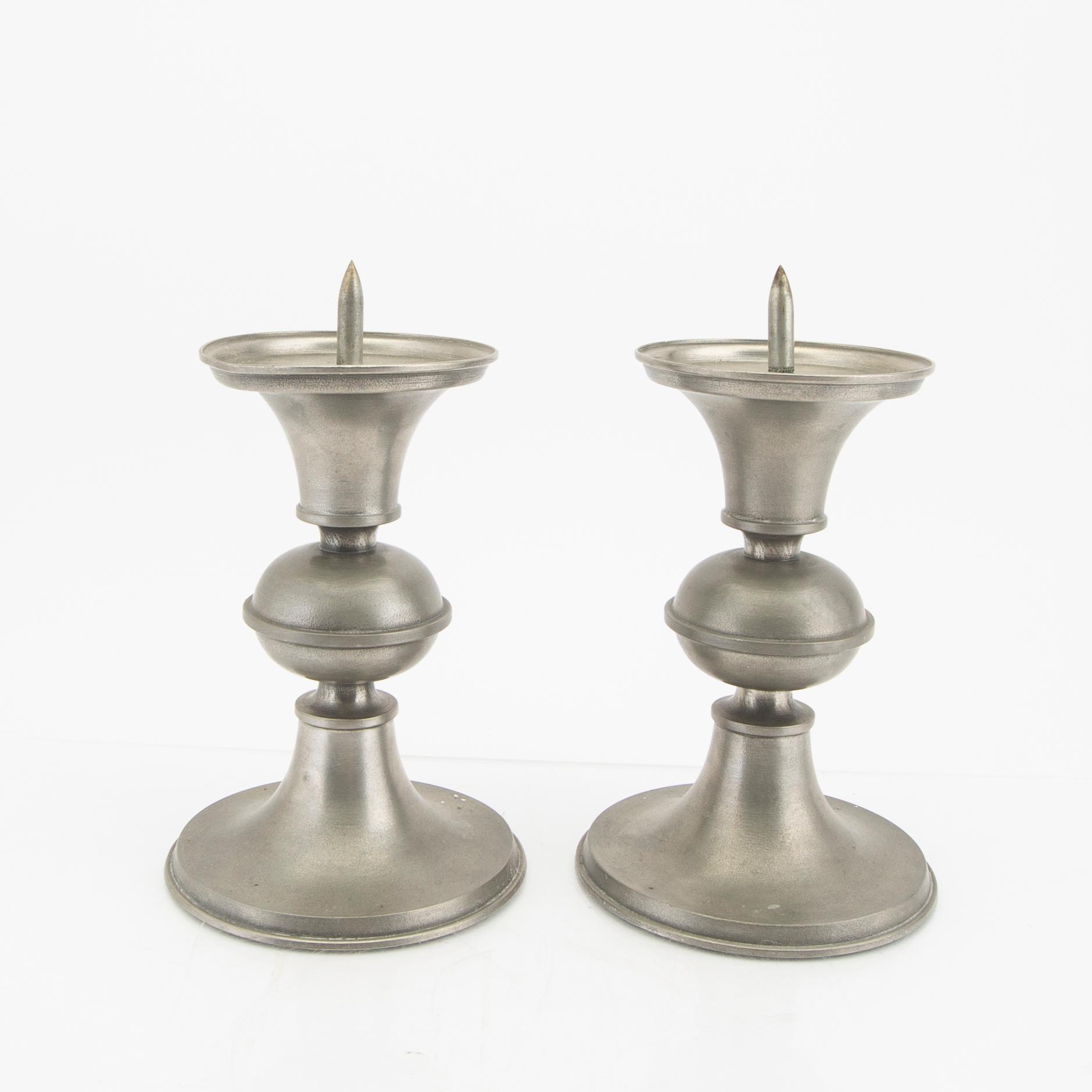 Edvin Ollers, a set of two pewter candle sticks and one bowl 1950.