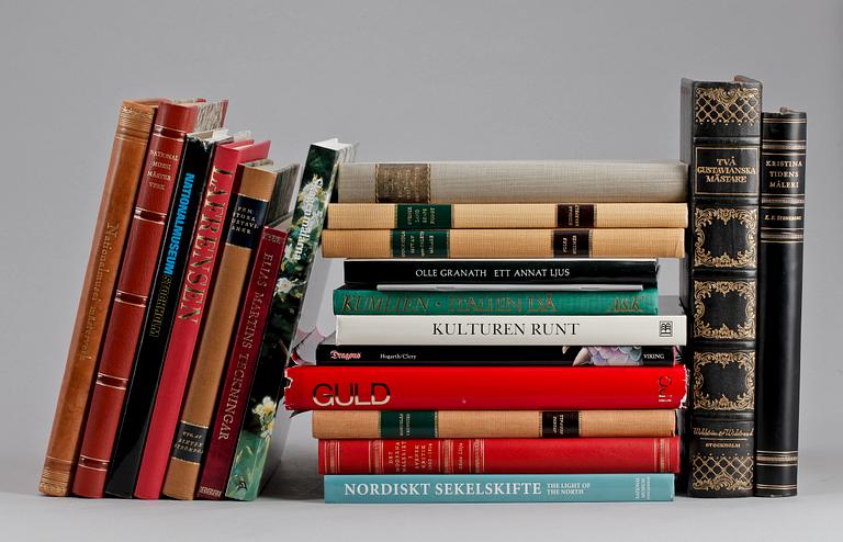 PARTI BÖCKER, 19 st, konstböcker, bla "Två gustavianska mästare, Niklas Lafrensen dy och Elias Martin i samtida gravyrer" av Karl Asplund, Stockholm 1925.