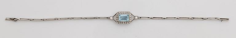 A step-cut aquamarine, old and single cut diamond bracelet.