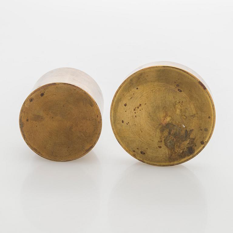 Maija Heikinheimo, a set of two mid-20th century brass jars, manufacturer Valaistustyö for Artek.
