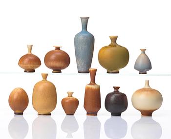 Berndt Friberg, a set of 11 miniature stoneware vases, Gustavsberg studio, Sweden 1960-70's.