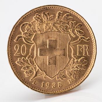 Gold coin, 21.6K, Helvetia 20 Francs, Switzerland, 1935.