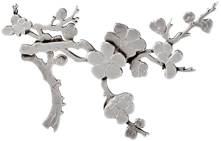 A Wiwen Nilsson sterling brooch of a branch of cherry blossom, Lund 1965.
