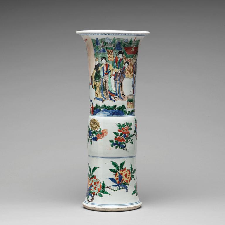 A Transitional wucai Gu-shaped beaker vase, 17th Century.