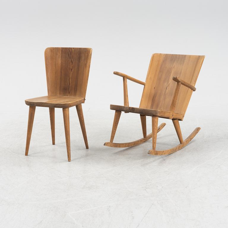 Göran Malmvall, a set of four pine chairs and a rocking chair, Svensk Fur, mid 20th Century.