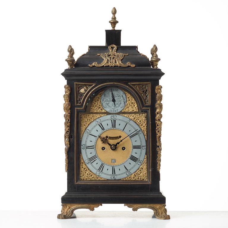 An English 18th century table clock, dial signed  George Clarke, Leaden Hall, Street London.