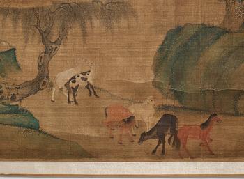 A long scroll painting after Zhao Yong (Zhao Zhongmu 1289-1369), ink and colour on paper and on silk, Qing dynasty.