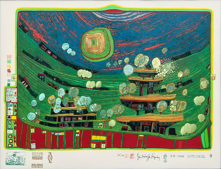 Friedensreich Hundertwasser, serigraph in colours with metal embossing, signed and numbered 165/300.