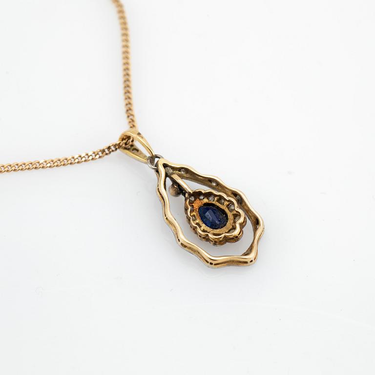 Necklace, 18K gold chain and pendant with brilliant-cut diamonds and synthetic sapphire.