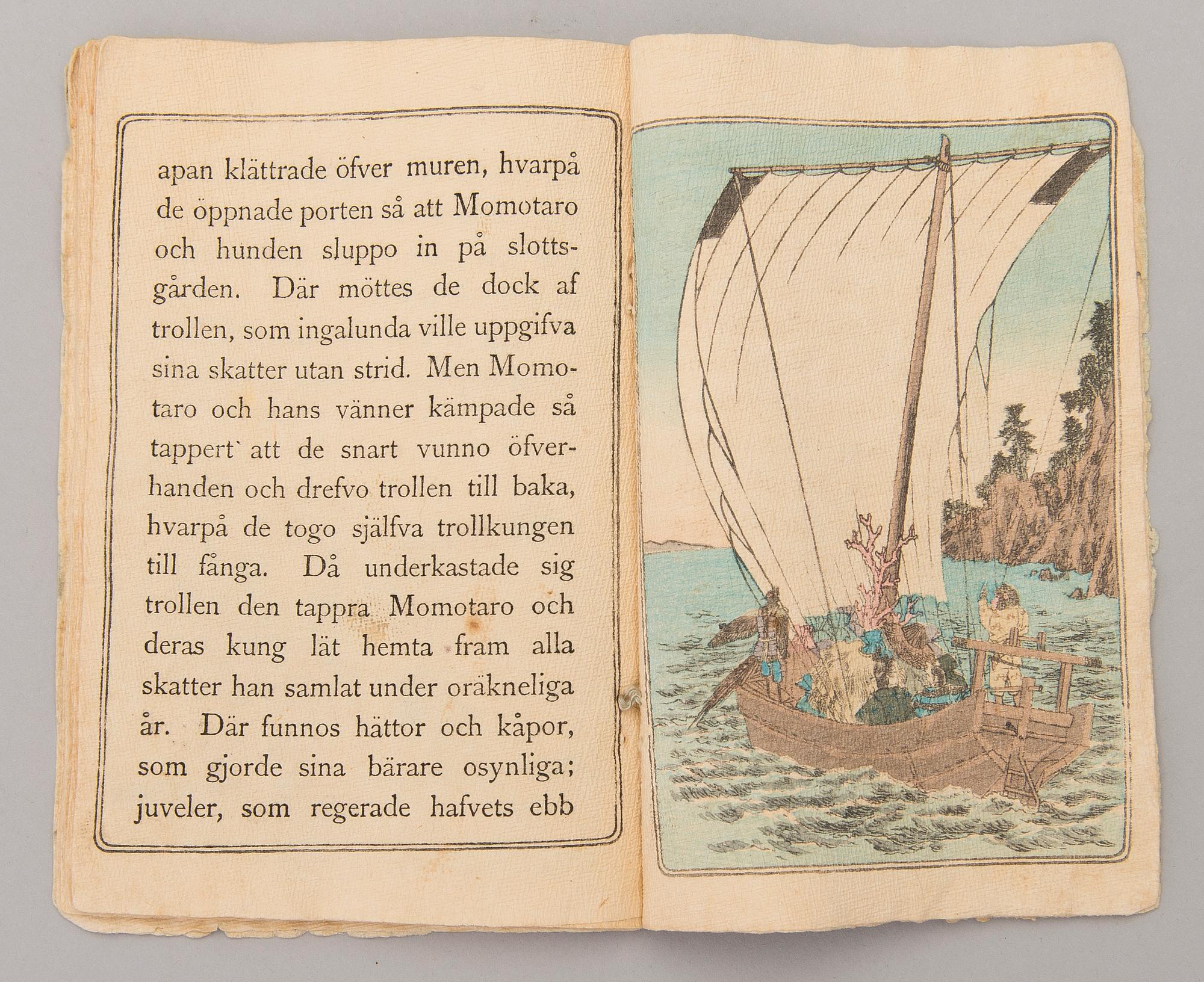 A late 19th century "Momotaro" book, woodcut on rice paper, Japan.