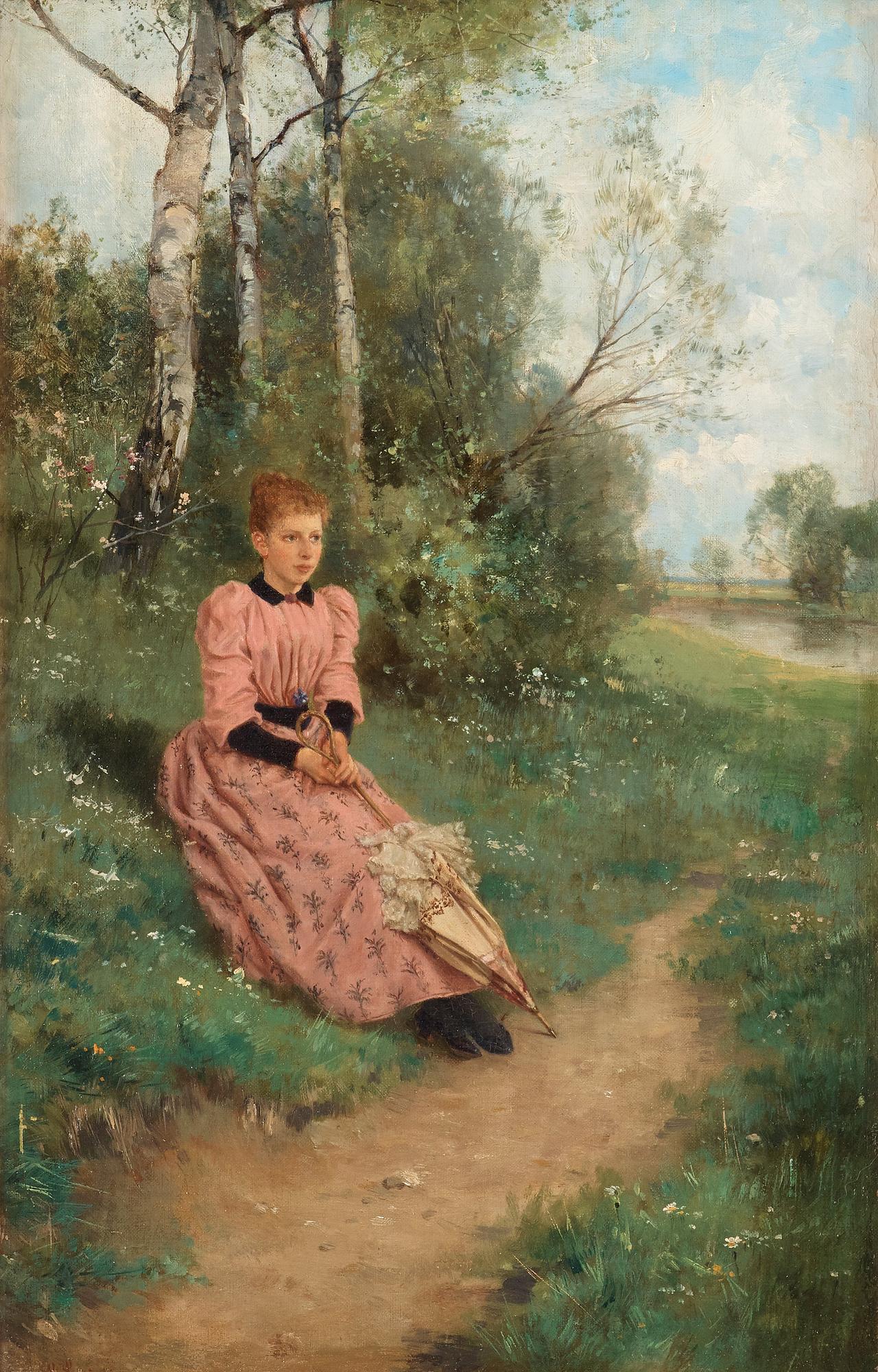 Louis Lang, Forest scene with young woman.