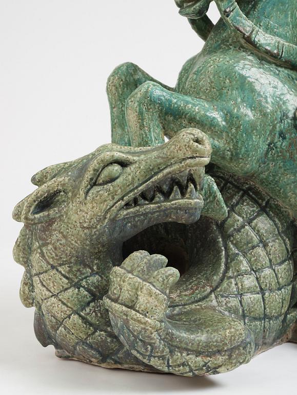 Gunnar Nylund, 'Saint George and the Dragon', a monumental stoneware sculpture, Rörstrand, Sweden, mid 1900s.