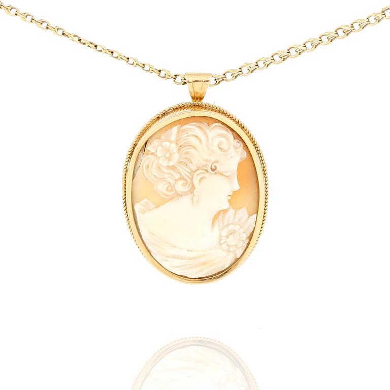 KAMÉHÄNGE/BROSCH SAMT HALSKEDJA, guld 18K, bla Gustaf Dahlgren & Co, Malmö 1947. Tot ca 15 gram.