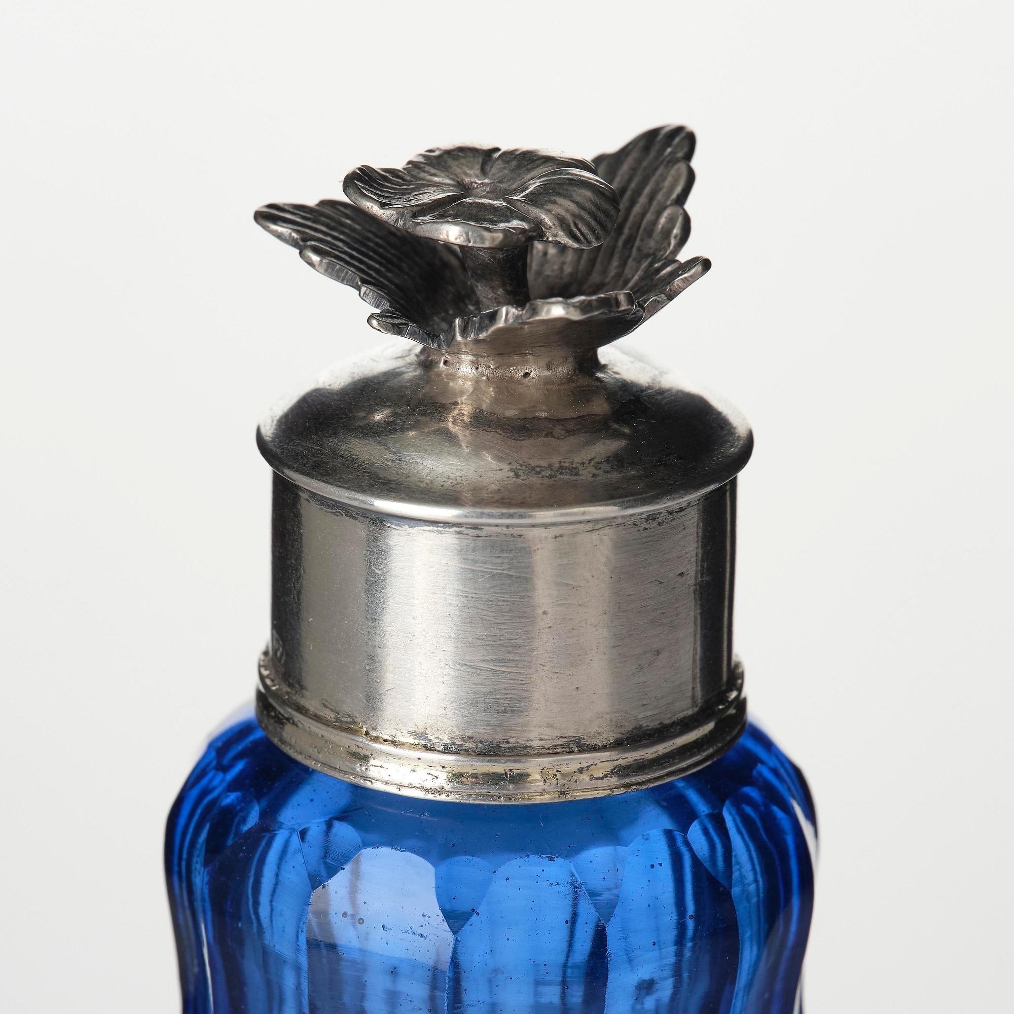 A Swedish Rococo blue glass and silver bottle, marked Lorenz Vick (Ulricehamn 1766-1808).
