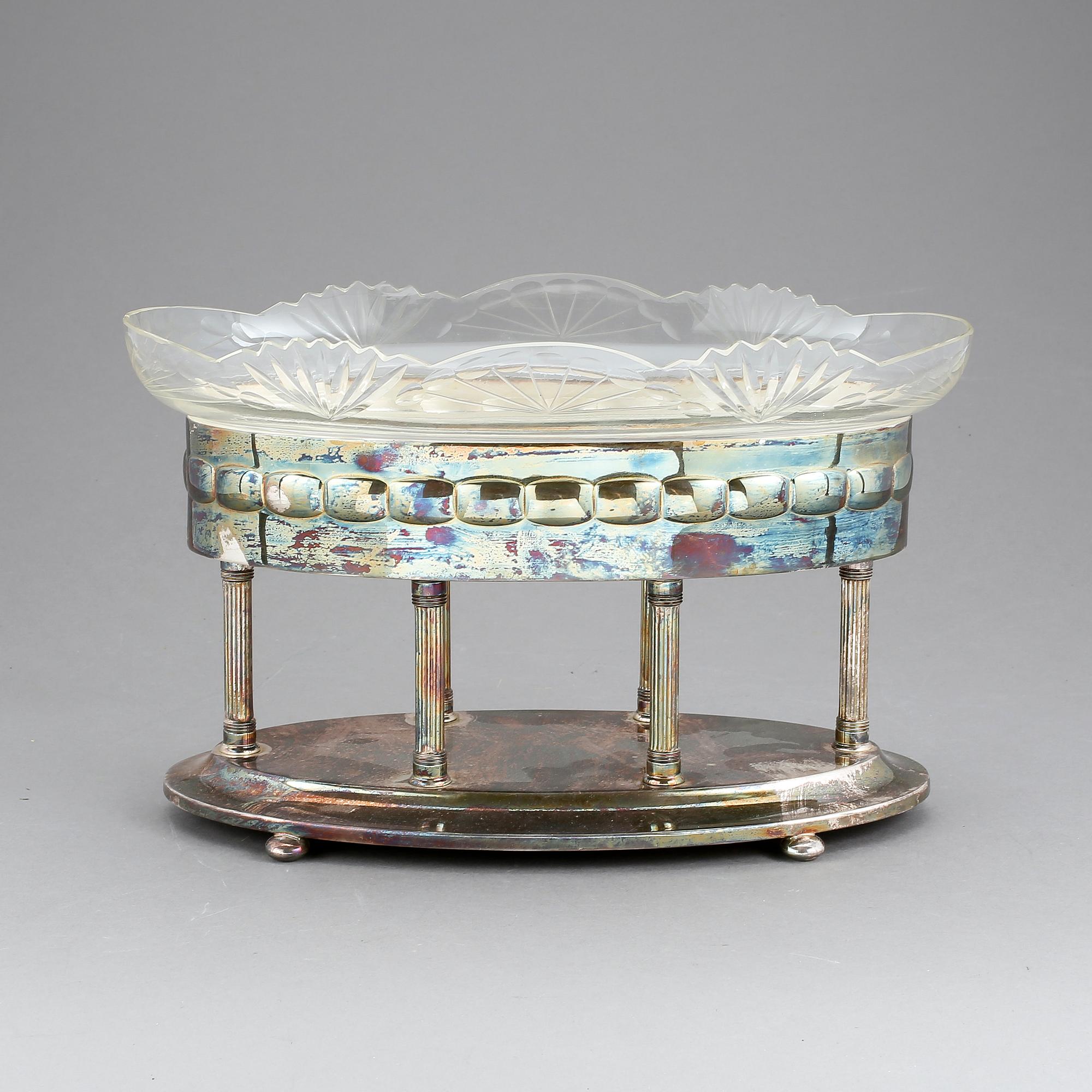 FAT PÅ FOT, nysilver, glas, tidigt 1900-tal.