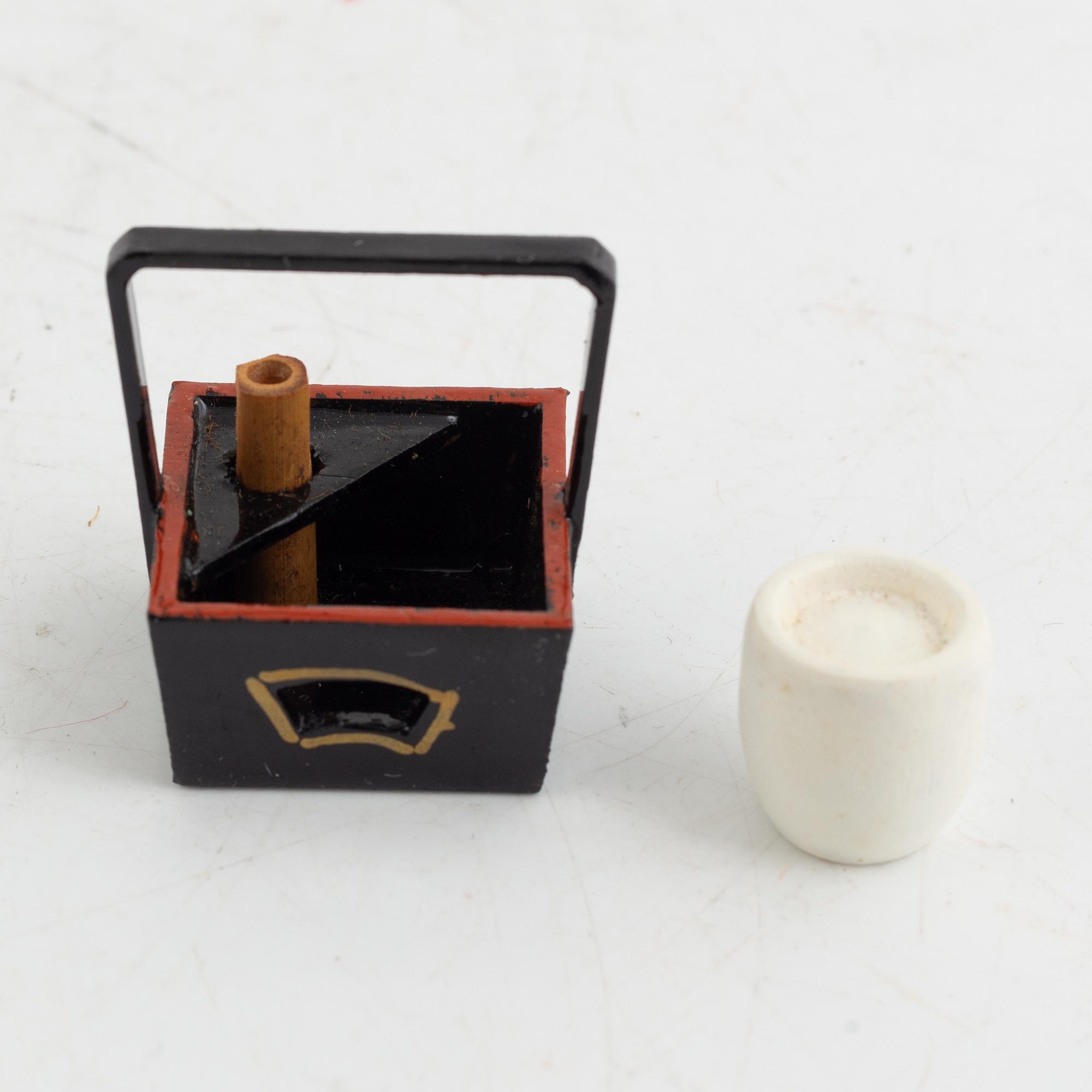 Doll, doll furniture, and table screen, Japan, wood, lacquer and paper, partly Showa, 20th century.