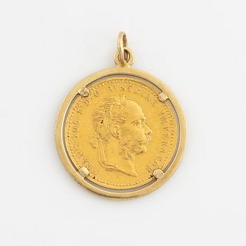 An Austrian gold coin, restrikes of 1 Ducat, 1915.mounted in gold pendulum.
