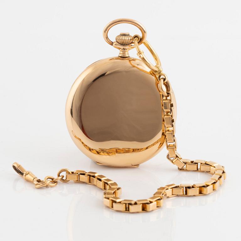 Pocket watch, Record, hunter, 14K guld, chain in 18K gold, ca 52 mm.