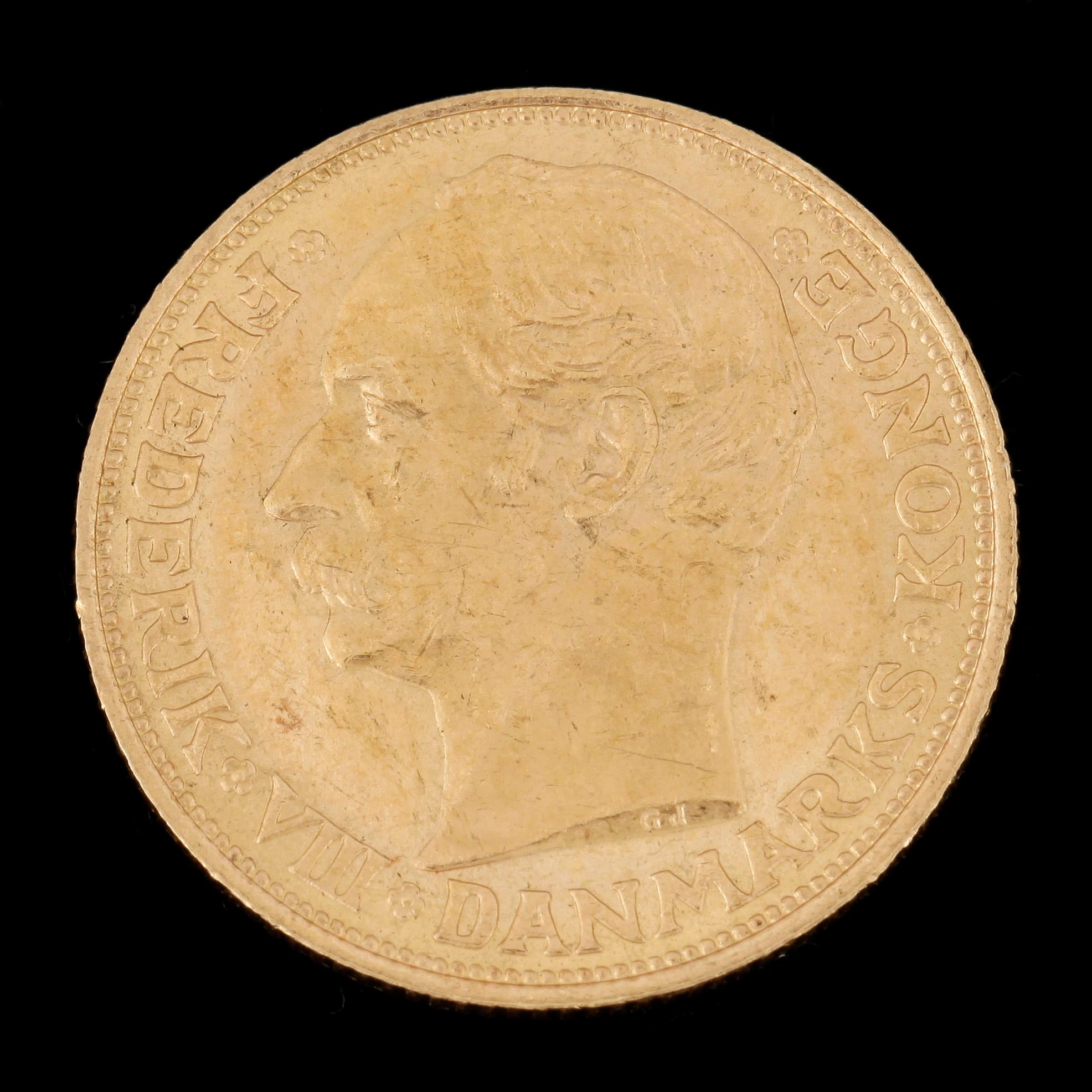 GULDMYNT, 20 Kroner, Danmark 1908. Vikt ca 9 gram.
