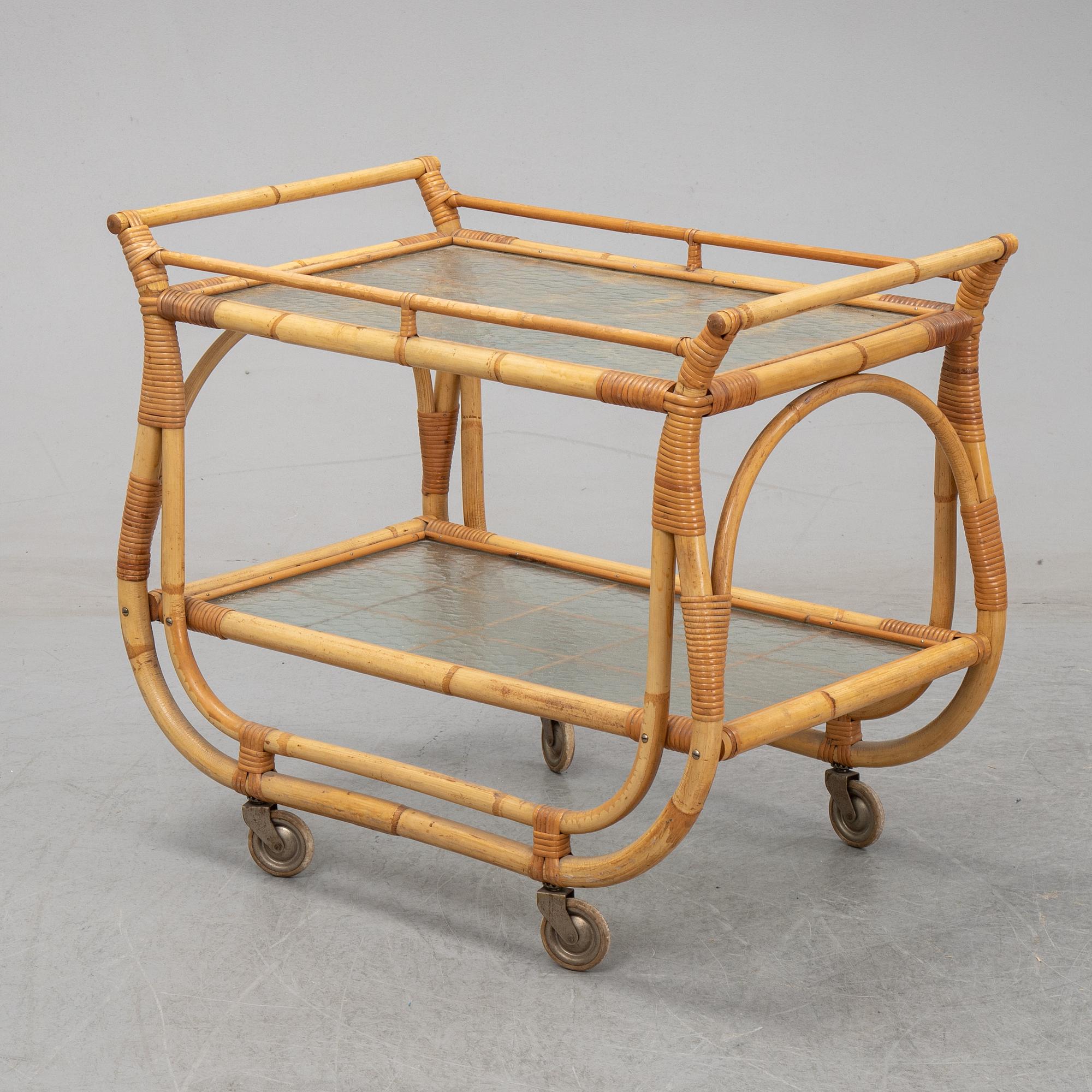 A bamboo and rattan drinks trolley, mid 20th Century.