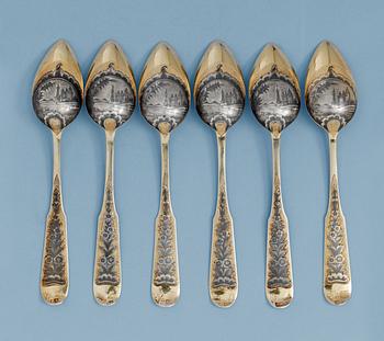 1298. A SET OF SIX RUSSIAN SILVER-GILT AND NIELLO TEA-SPOONS, makers mark of Alexander Zhillin, Viliki-Oustiug 1824.