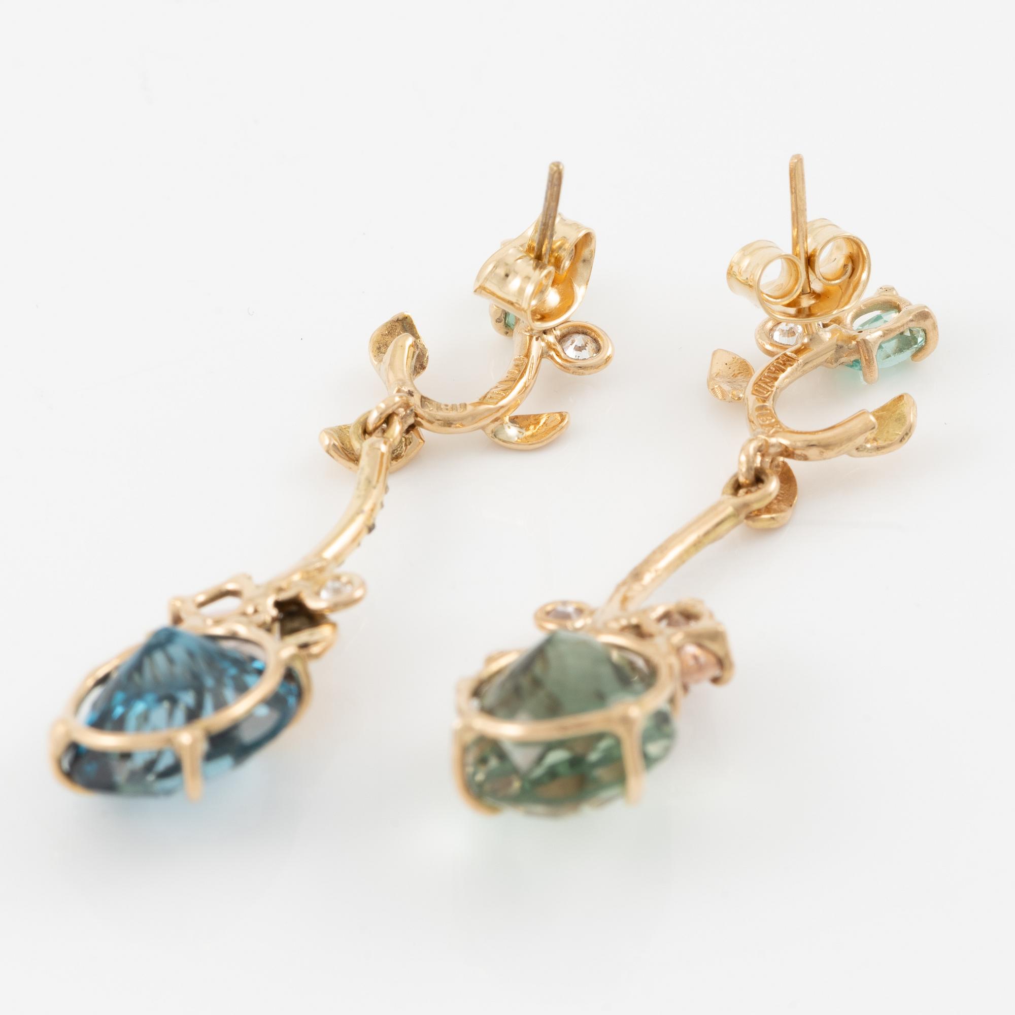 Earrings 18K gold with green quartz, blue topaz, apatite, and tourmaline and diamonds.