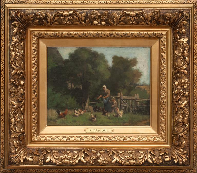 CHARLES EMILE JACQUE, olja på pannå, signerad.