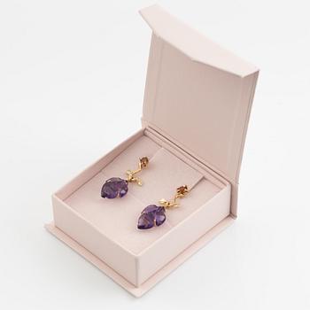 Carved amethyst, tourmaline and brilliant cut diamond earrings.