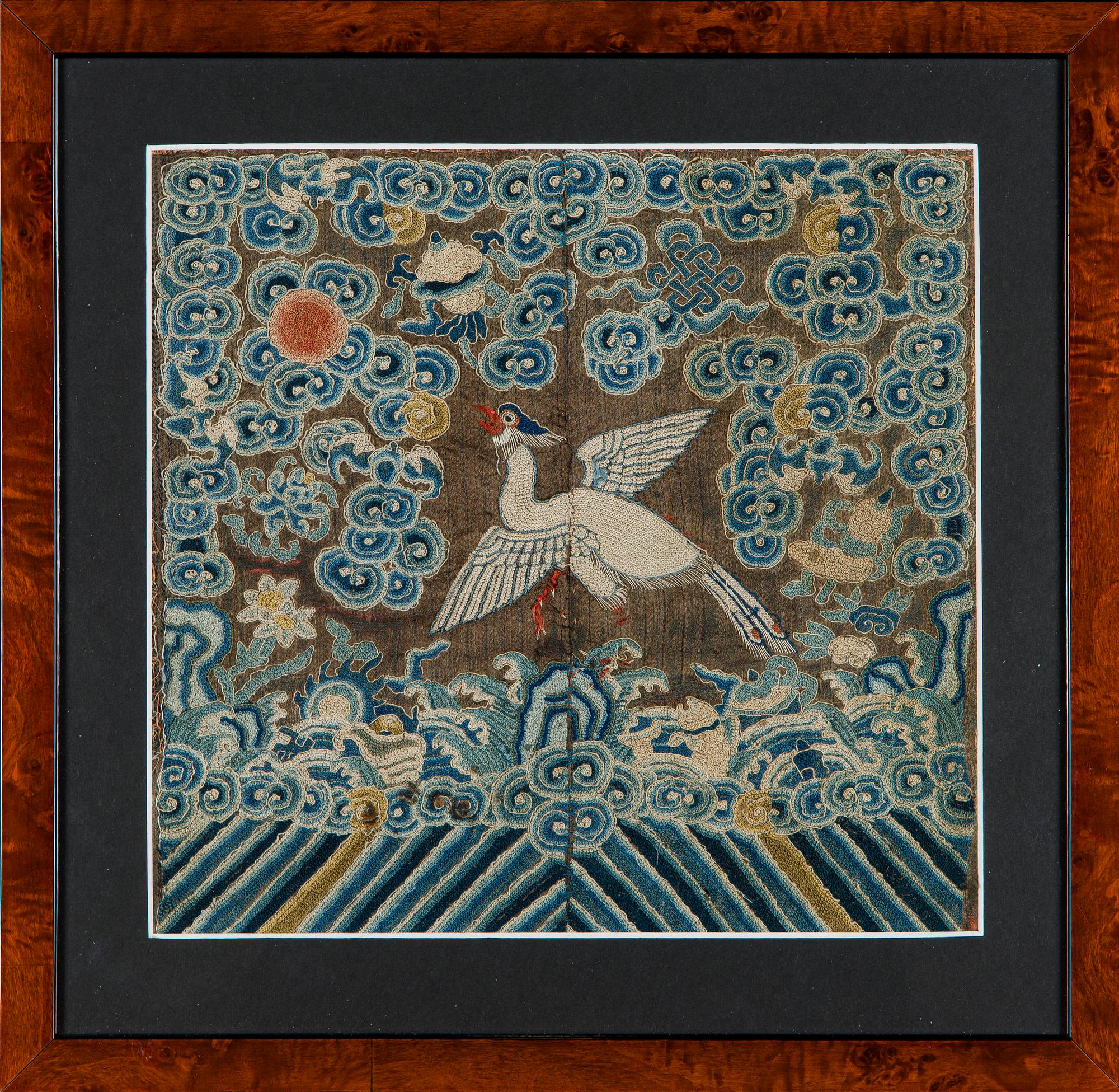 An embroidered rank badge/buzi, Peking knot technique. Late Qing dynasty.