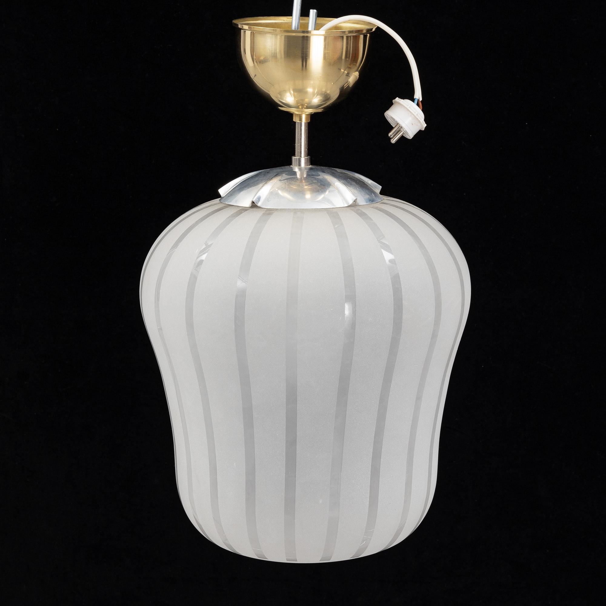 A Swedish Modern glass and brass ceiling light, Orrefors, 1940's.